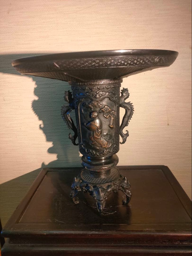 薄端 青銅製 龍双耳 五足 人物花鳥紋 獣足 幅32㎝ 重量約7kg