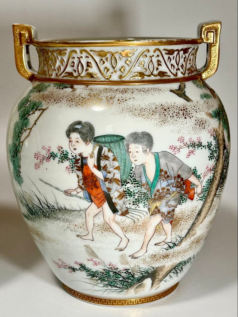 初代川本桝吉 安井如苞画 大日本七宝会社販売 牧童図花瓶一対 明治 瀬戸焼 瀬戸