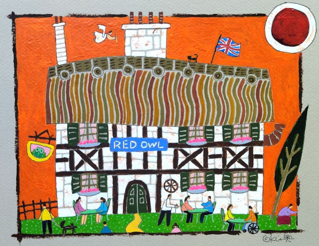 奥村ユズル　水彩画原画　英国パブ「赤いフクロウ」