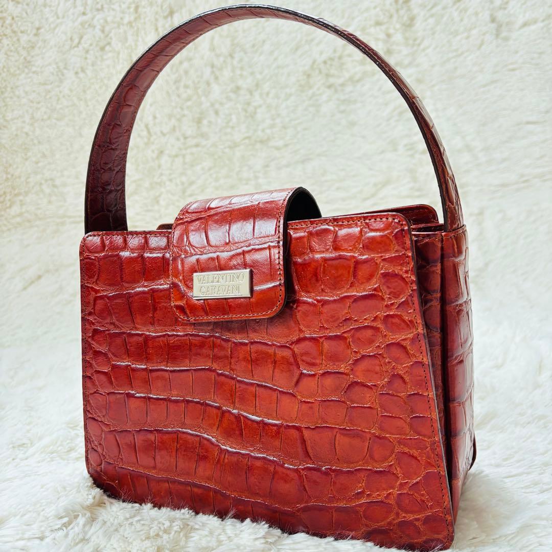 ガラバーニ　クロコダイル　ハンドバッグ　silverプレート　ブラウン　本革