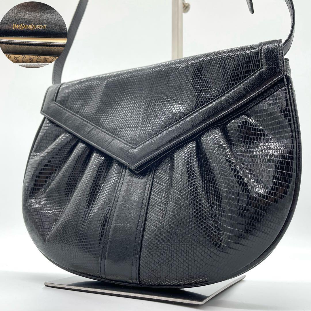 【極美品】イヴサンローラン　ショルダーバッグ　カサンドラロゴ　リザード　黒