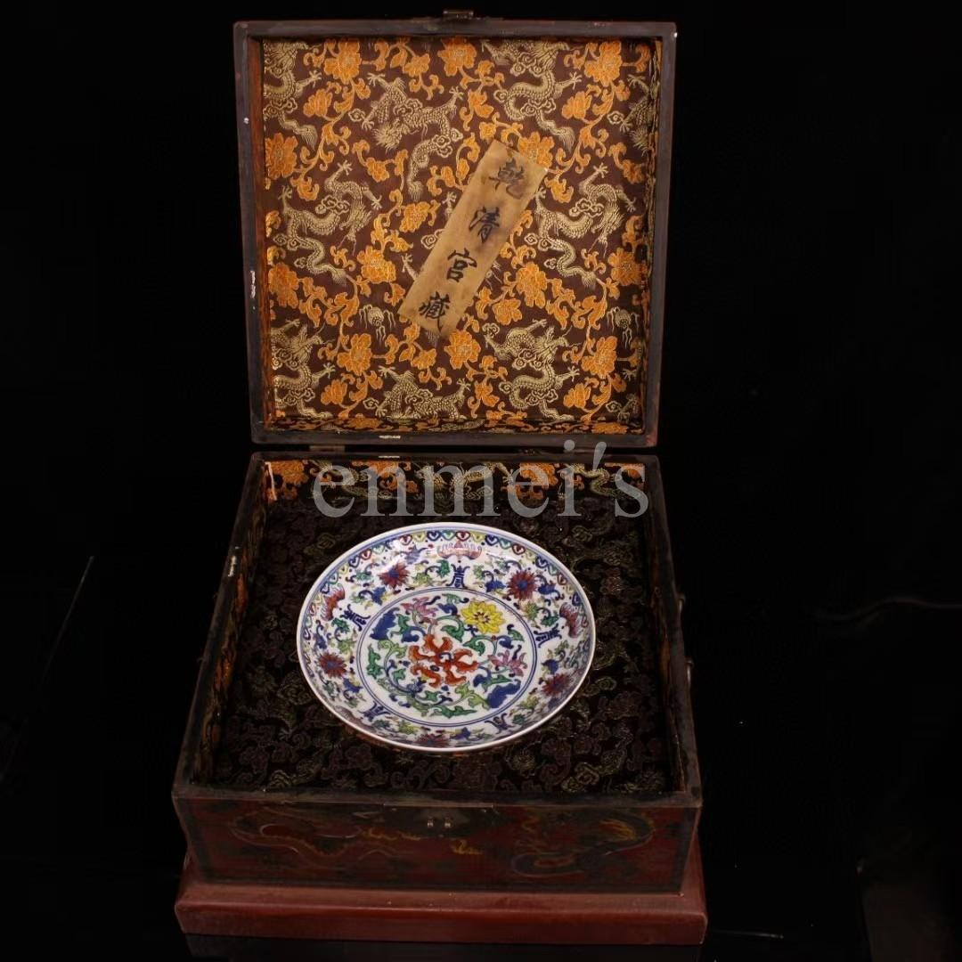 珍藏収清代宮廷 乾清宮蔵 極上品 斗彩磁碗 多色花柄 陶磁器 ボウル 老漆器箱付