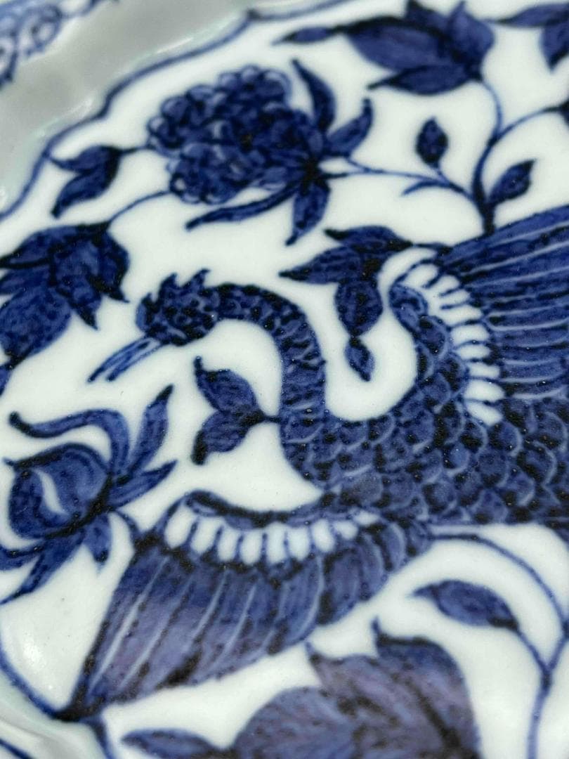 元時代　染付青花牡丹鳳凰花鳥文洗　輪花盤　古染付皿　唐物(A-79)