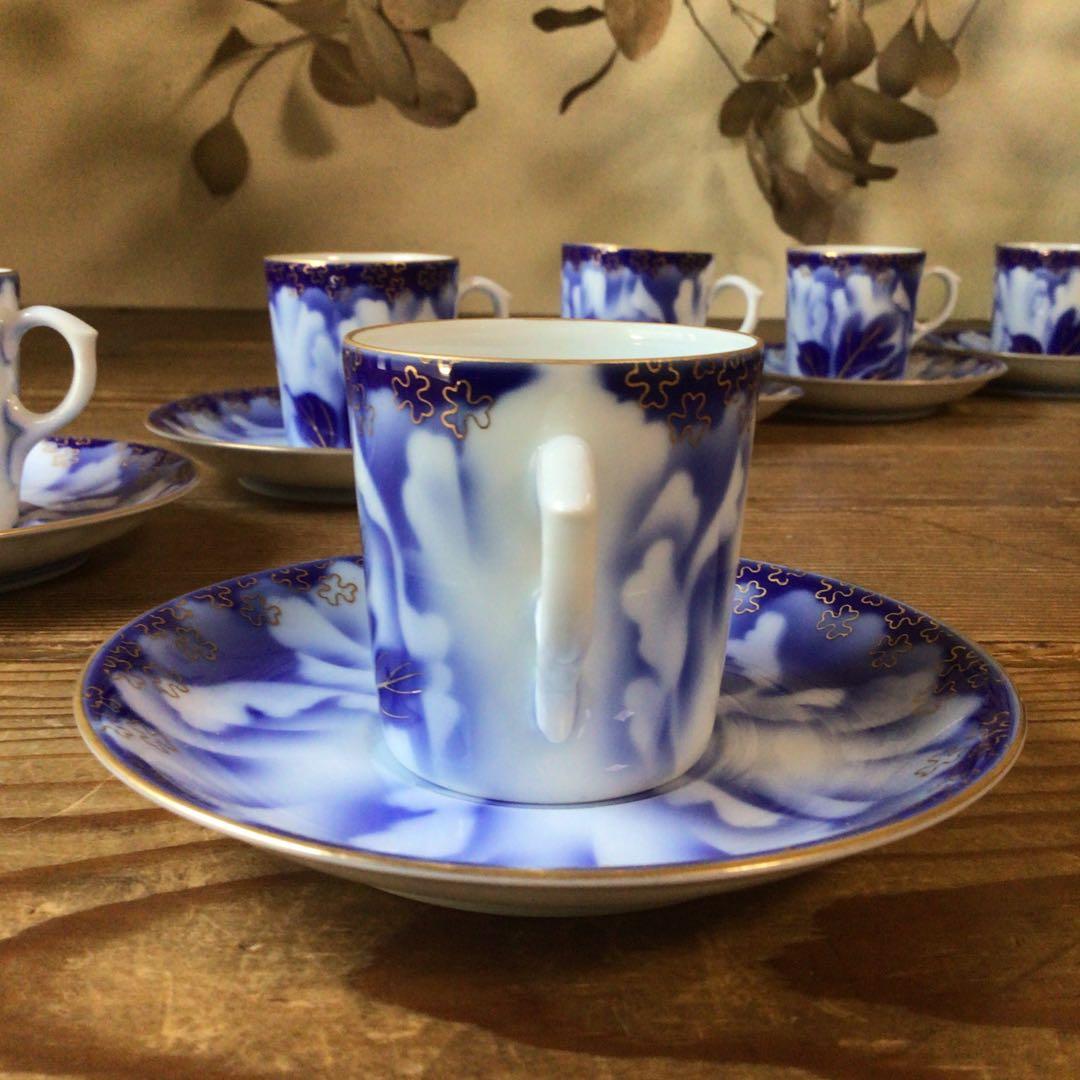 No4397 深川製　珈琲碗皿揃　牡丹金ミル　6客　共箱　有田焼　送料無料