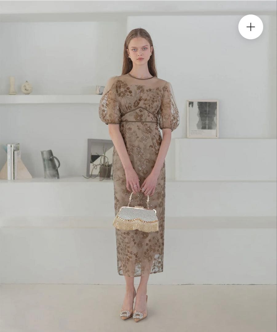 フラワーディテールパフスリーブ｜ラインワンピースドレス結婚式二次会成人式