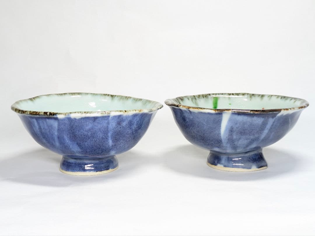 斉山窯 太田恵 作 赤絵 魚文 碗＆染付 蟹文 碗 セット