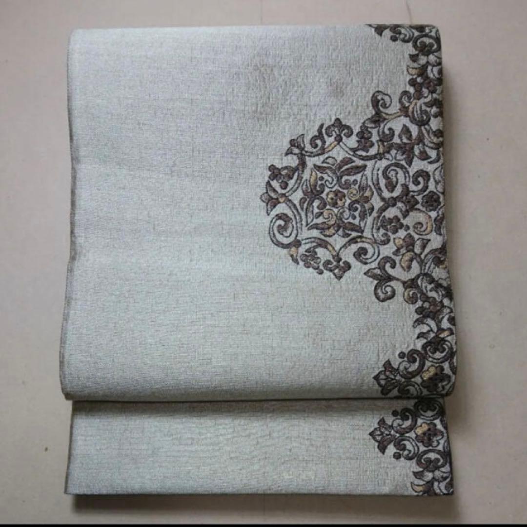 正絹 袋帯 昼夜帯 黄金ムガ蚕 ベージュ 暗い紫