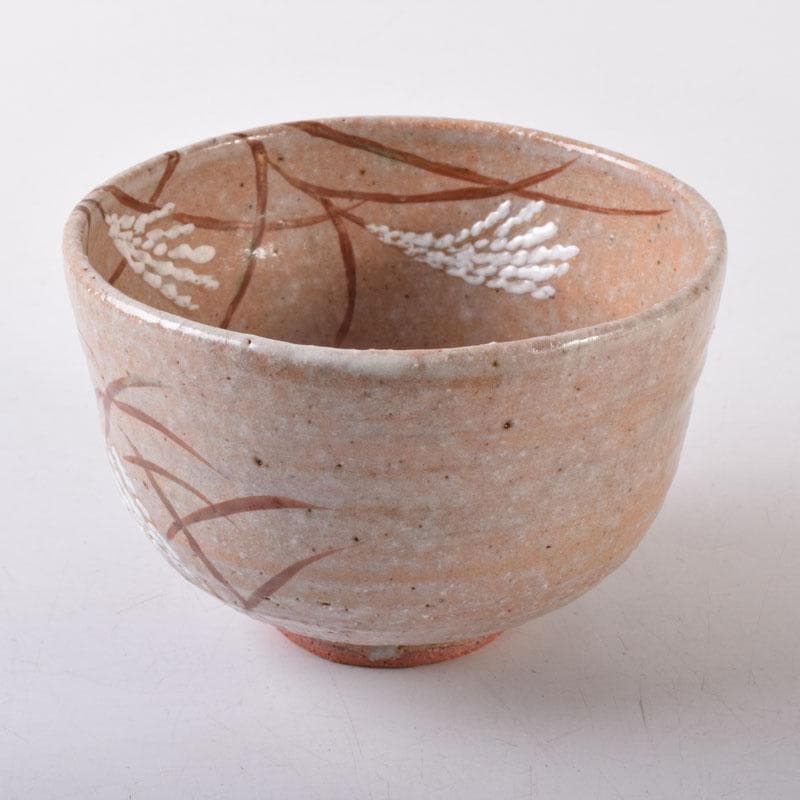 茶道具　京焼　中村良二作　灰釉　芒図　茶碗　共布共箱　C　7446