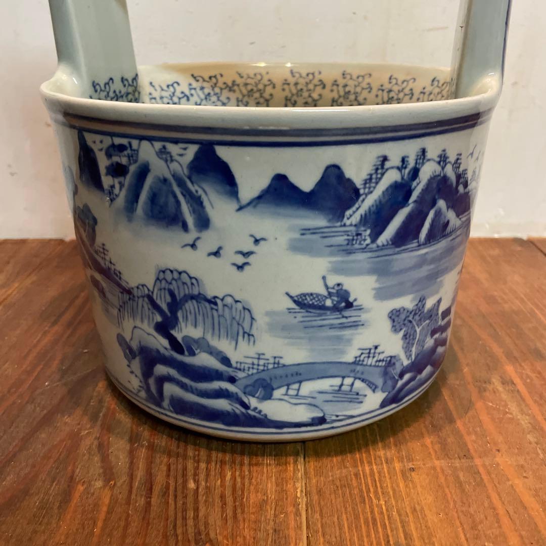 美品　陶器　時代物　染付　山水画　文手桶　花入　当時物　古道具