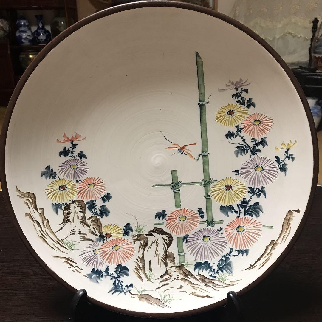観賞皿　飾り皿　菊絵　希少　彫刻品　美術品　作家物　在銘
