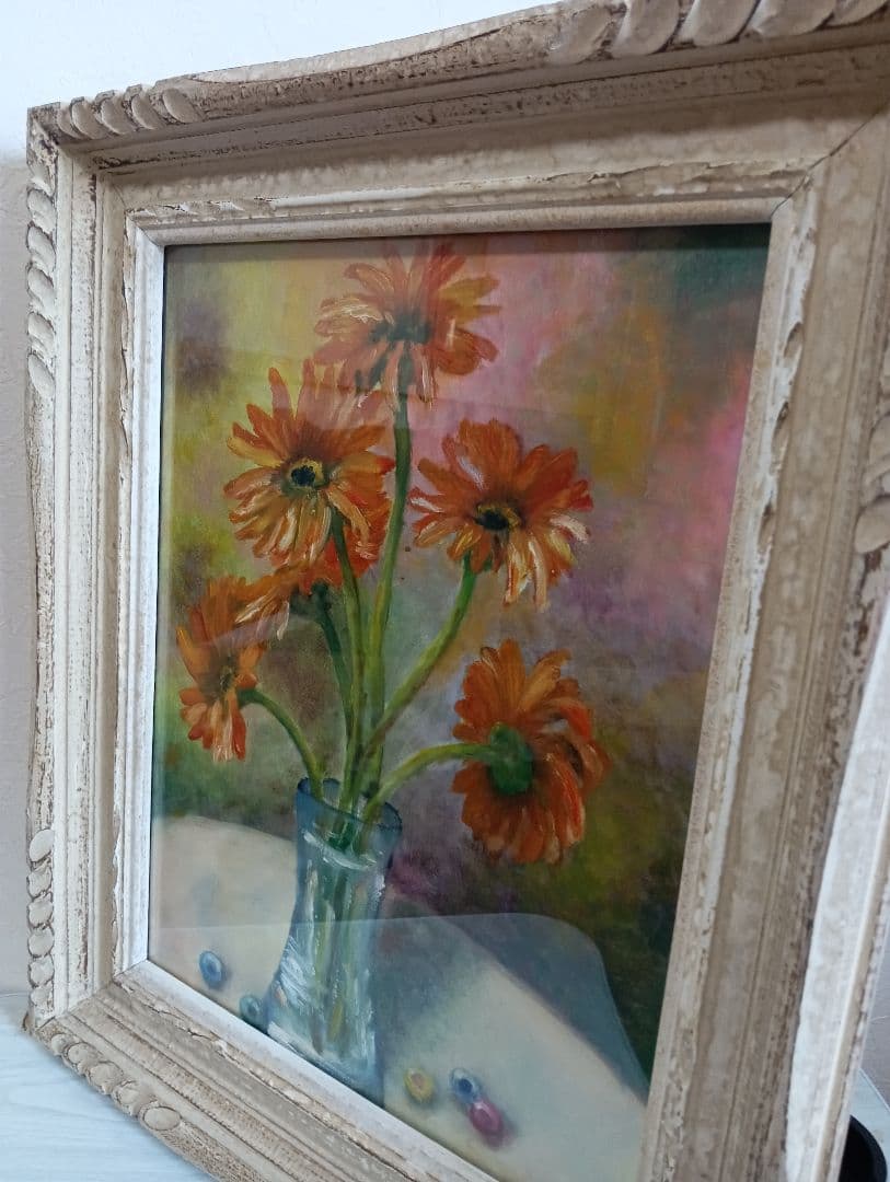 現代美術手描き油彩油絵額装縦５５Ｘ横４５Ｘ厚さ７センチ枠Ｆ６キャンバス品