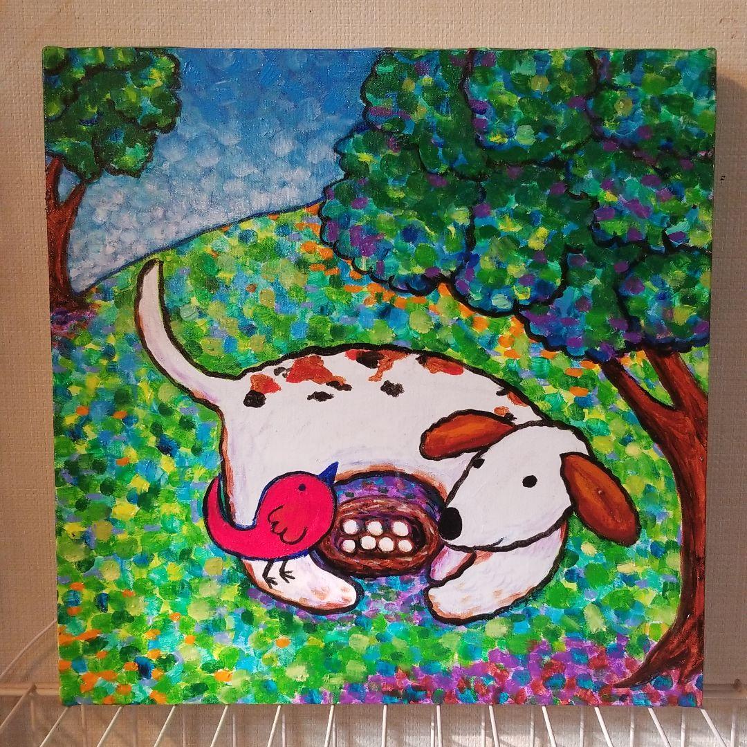 油絵　FUUTA　友だちの卵を守る犬