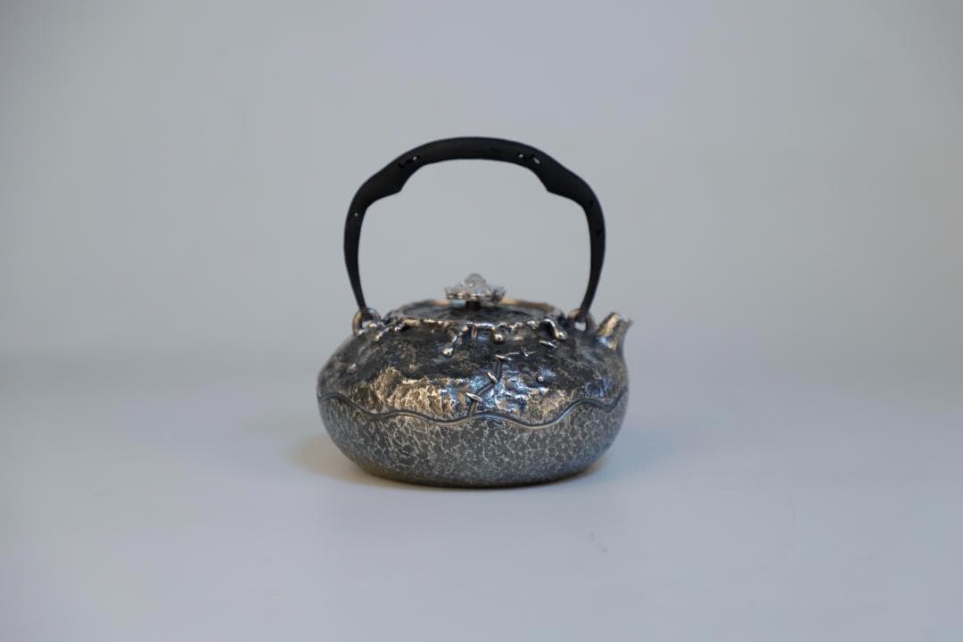 純銀製 平丸形 鎚目打 湯沸 湯沸 銀瓶 煎茶道具