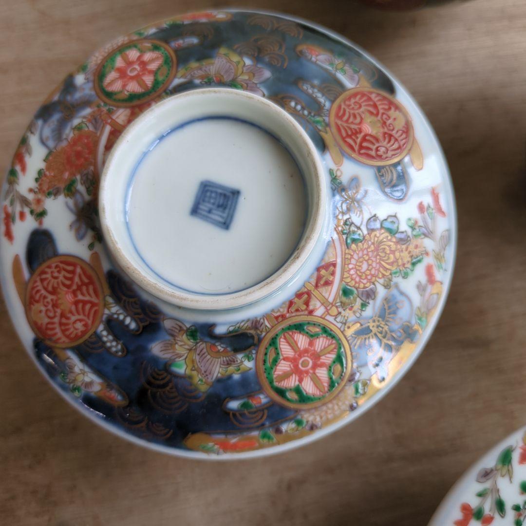 骨董 古伊万里 染錦 蓋茶碗 茶碗 煮物碗 色絵 アンティーク 5つ〜