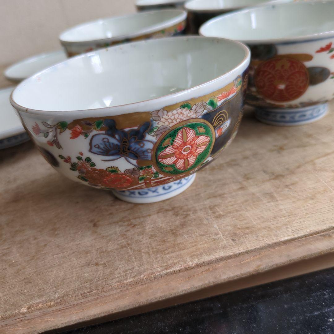 骨董 古伊万里 染錦 蓋茶碗 茶碗 煮物碗 色絵 アンティーク 5つ〜