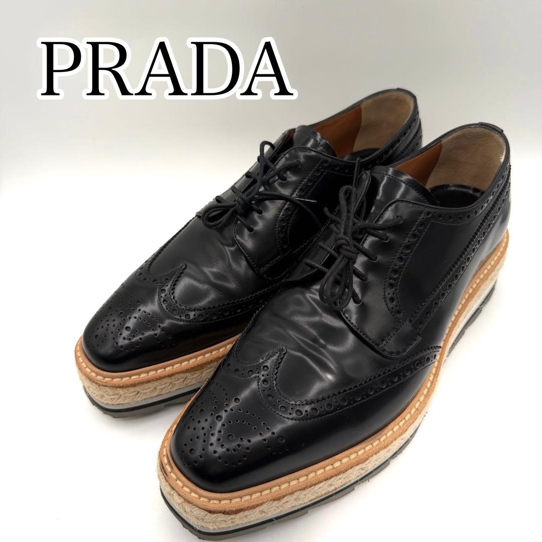超美品　PRADA ブラック　レザー　ドレスシューズ　ウィングチップ　26㎝