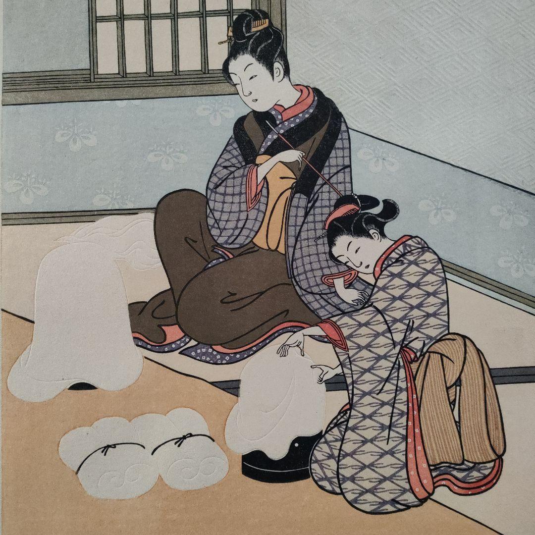 鈴木春信名画撰『屋敷八景　ぬり桶の暮雪』高見澤忠雄制作、説明書＆台紙付