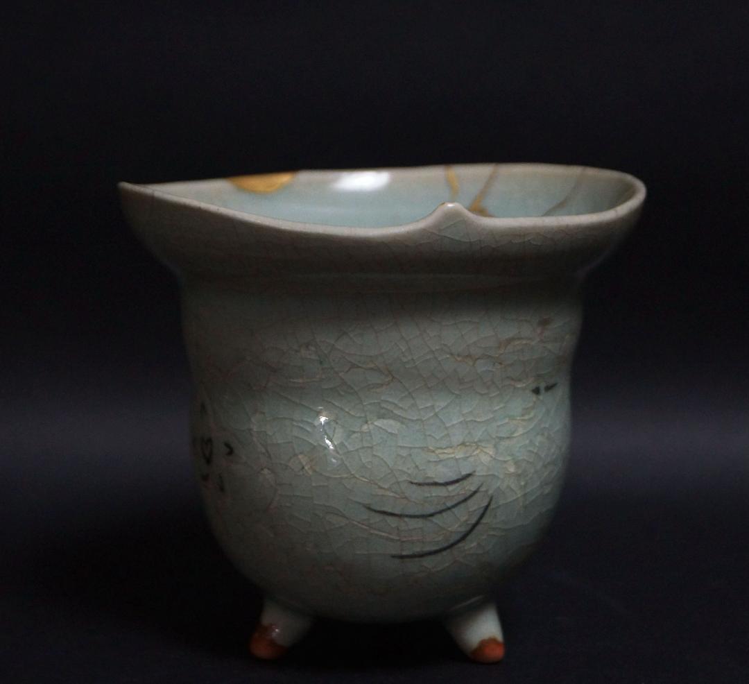 茶道具 李朝 高麗青磁象嵌『雲鶴文』広口香炉 三足 金継ぎ 書道具★