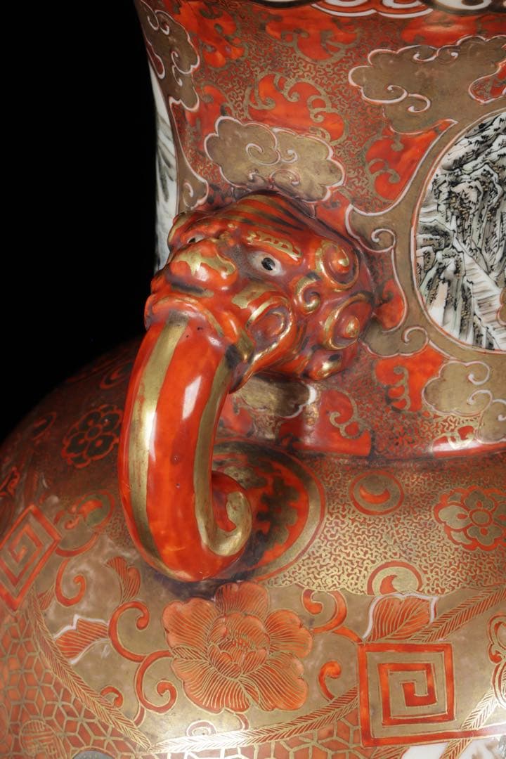 【九谷焼 大日本九谷造】金襴手赤絵金彩 龍双耳飾壺 花瓶 人物松鶴花鳥図 古美術