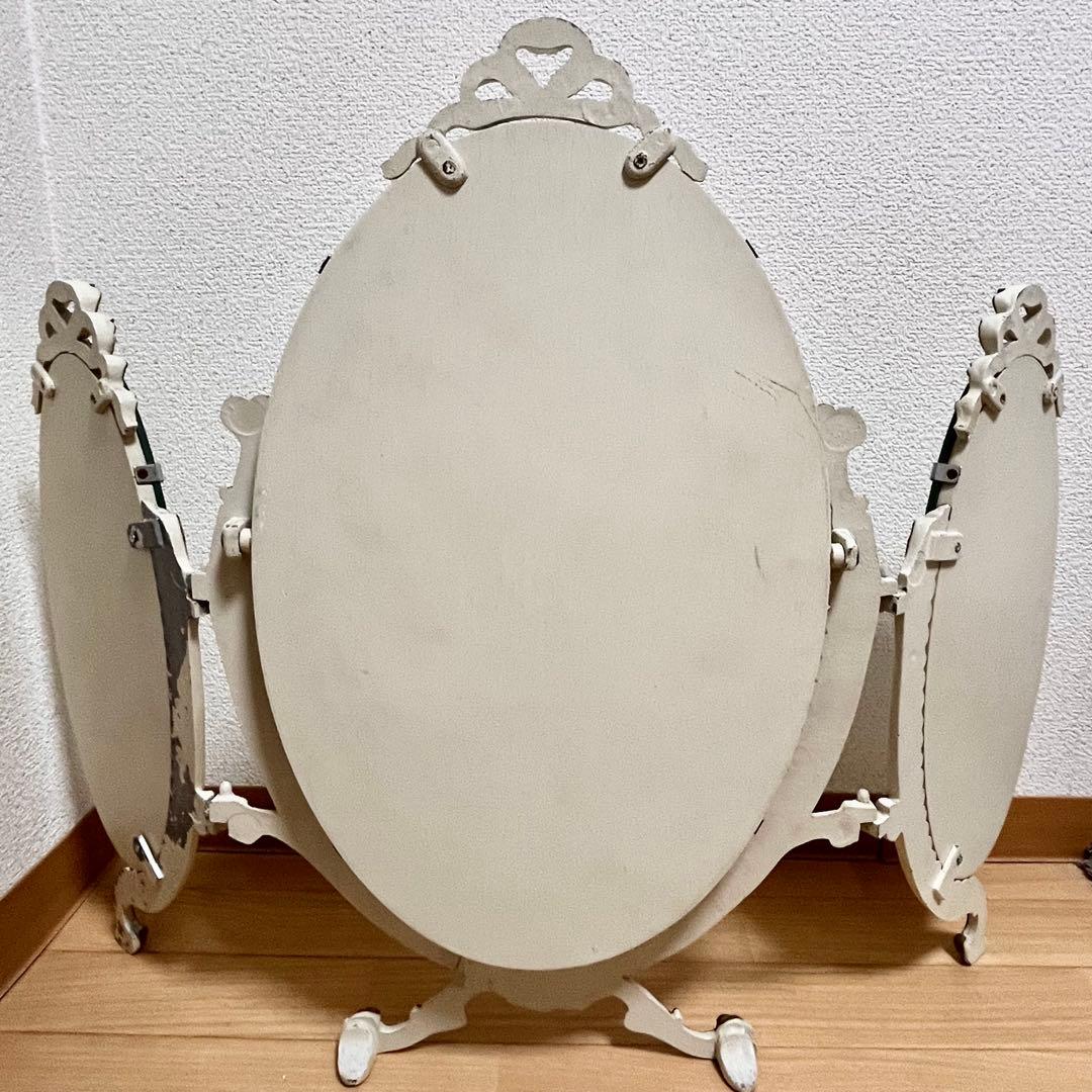 アンティーク　ドレッシングミラー　三面鏡　オーバル　ミラー　ドレッサー　ホワイト