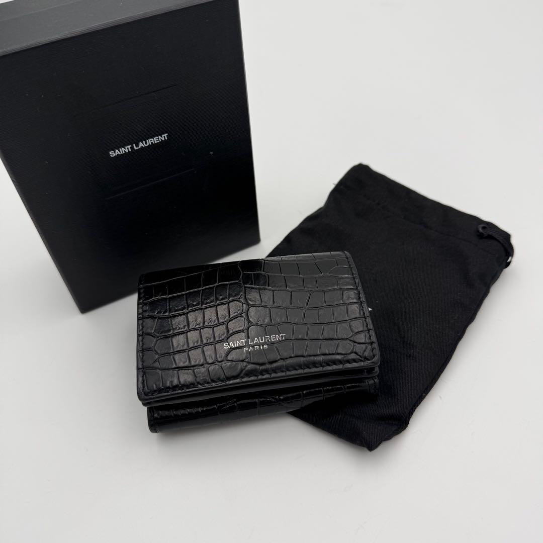 美品✨ Saint Laurent 3つ折り財布 クロコ型押し ブラック レザー