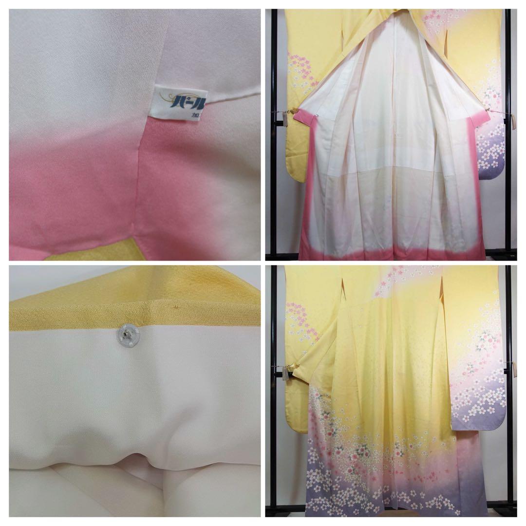 上品華やか】桜流し振袖＊金彩×金駒刺繍／黄×藤紫グラデーション＊パールトーン加工