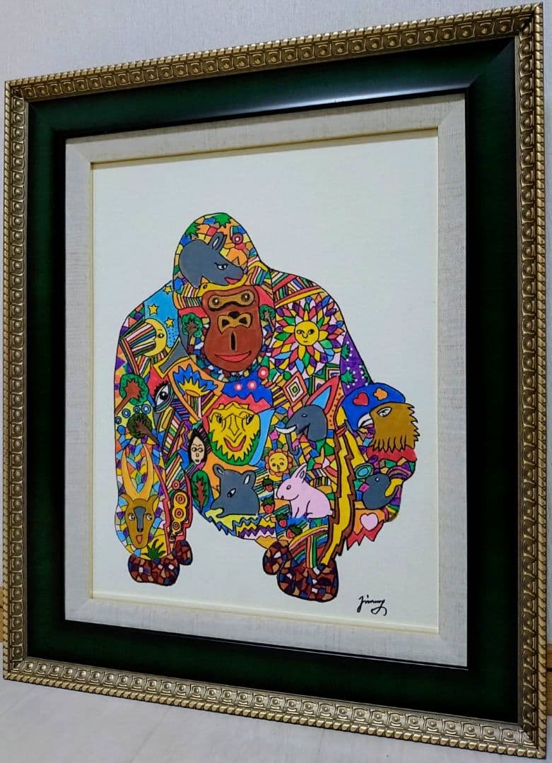 【F6号】ジミー大西【ゴリラ】手描き作品/表裏サイン/油彩/アクリル/絵画/額縁