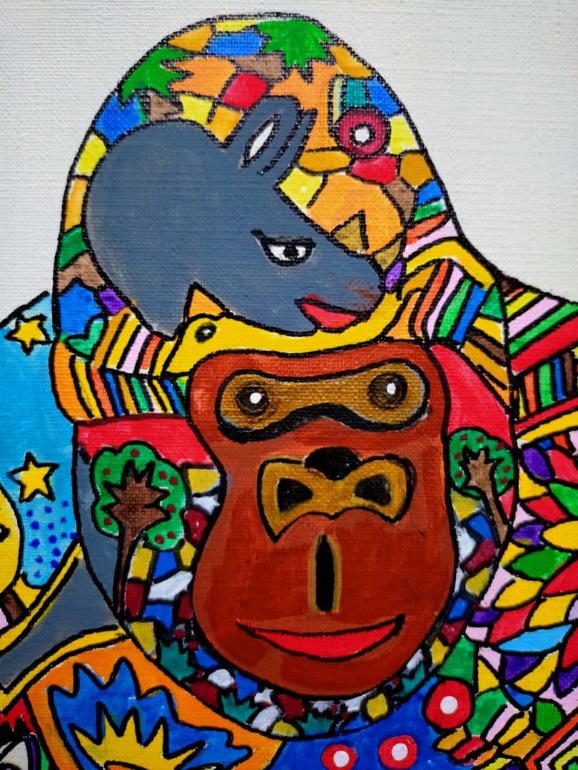 【F6号】ジミー大西【ゴリラ】手描き作品/表裏サイン/油彩/アクリル/絵画/額縁