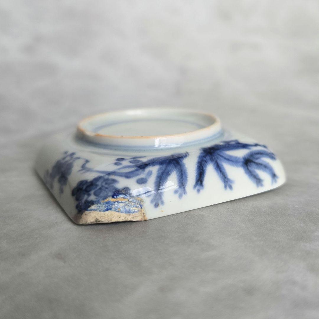 古伊万里　染付　豆皿　小皿　葉　唐草　江戸　金直し　金継ぎ　骨董　アンティーク