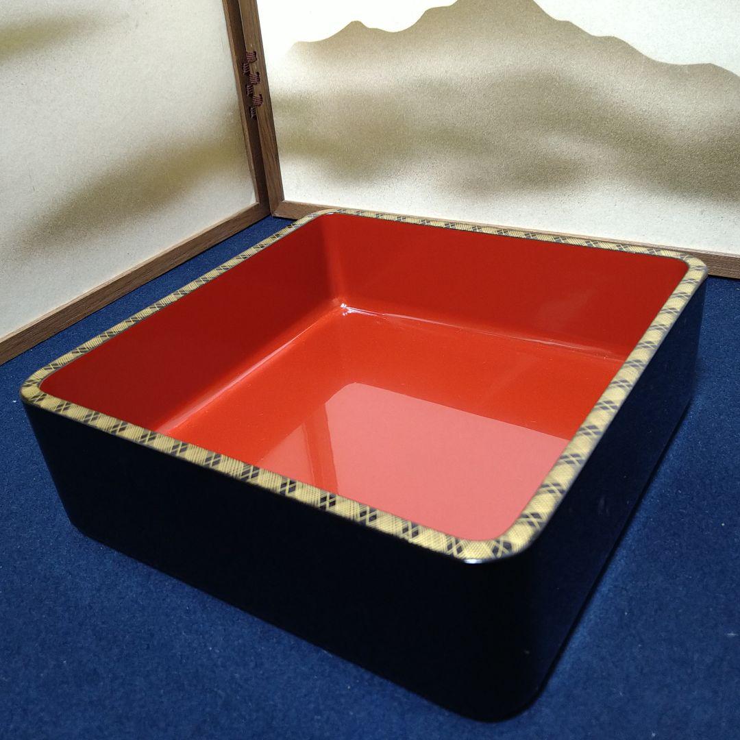 AG56 輪島塗二段重 家紋丸に柏 木製黒漆塗 内側朱漆塗 未使用 重箱お弁当箱