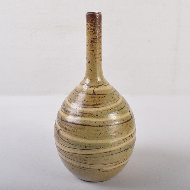 河井寛次郎作　鶴首　灰釉瓶子　共布共箱　M R8846