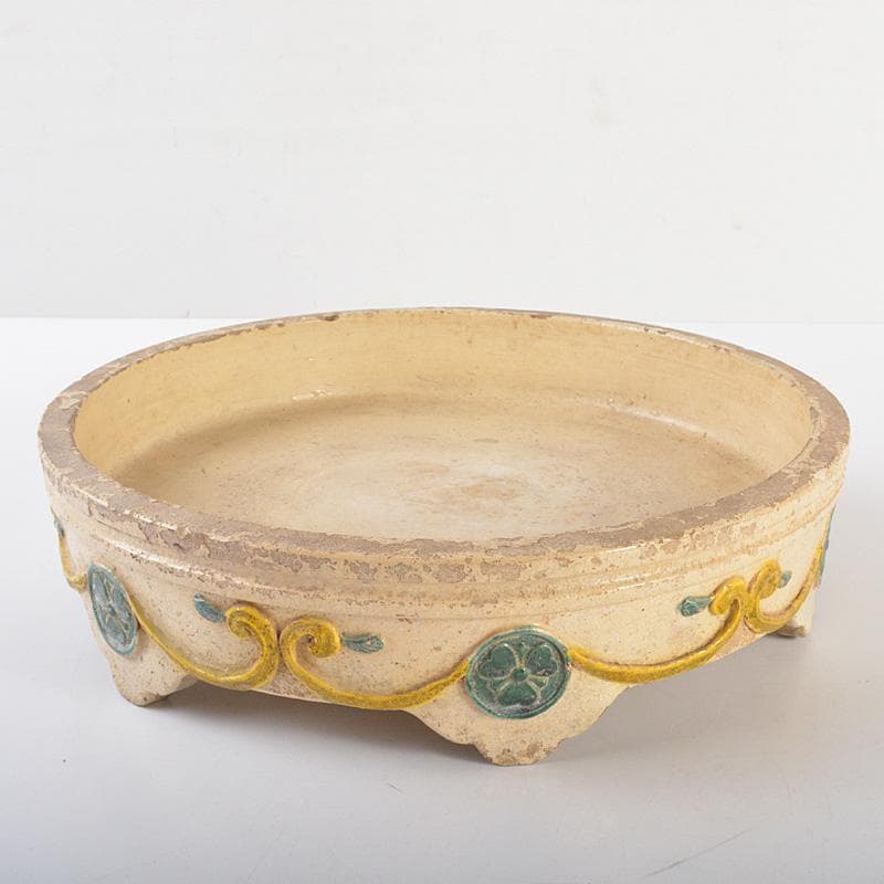 讃岐源内焼　三彩　陽刻唐草文　水盤　直径約32cm　V　R6773