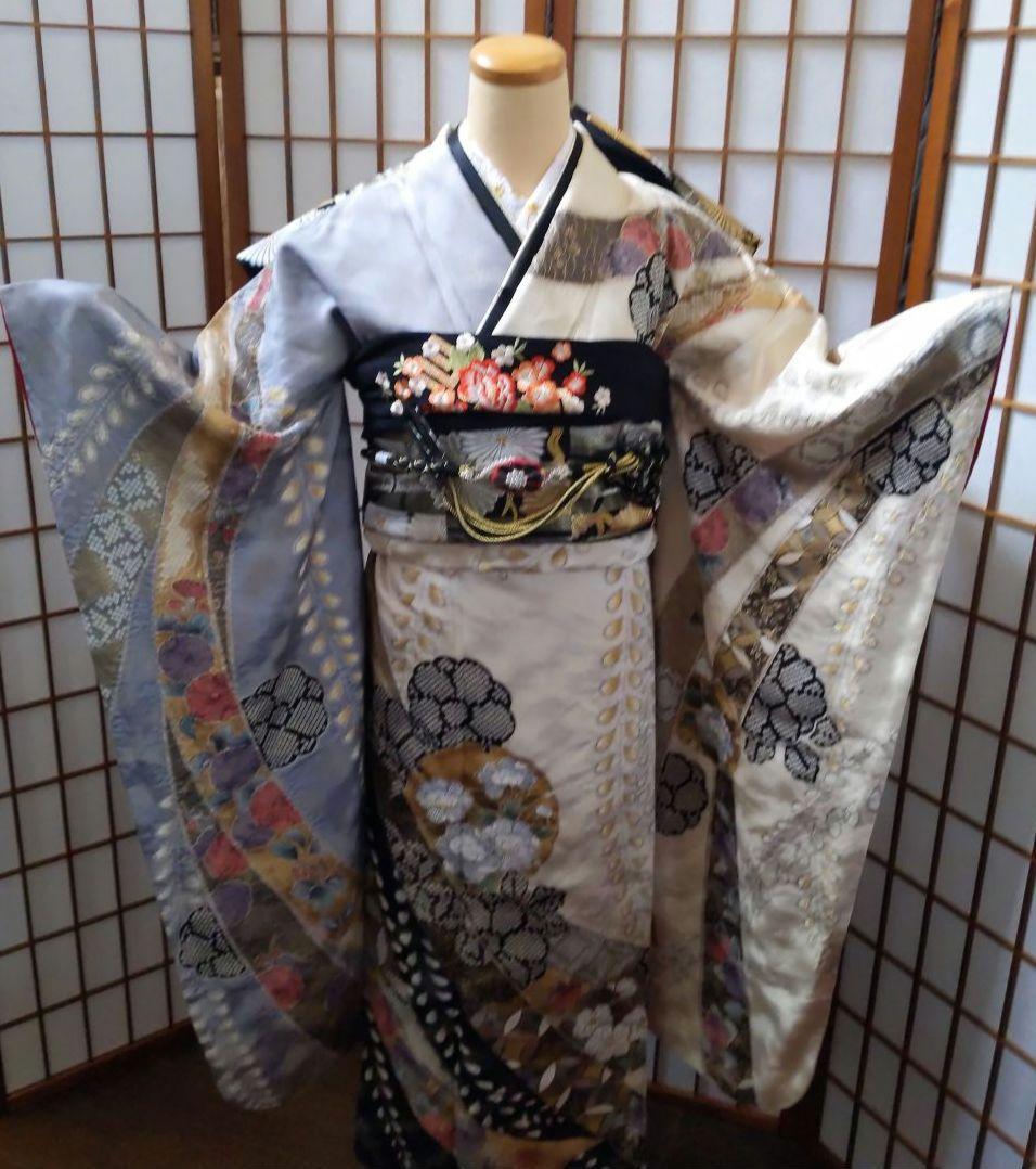 441やまと　金通し　絞り　クリーム灰正絹振袖6点フルセット成人式卒業式謝恩会
