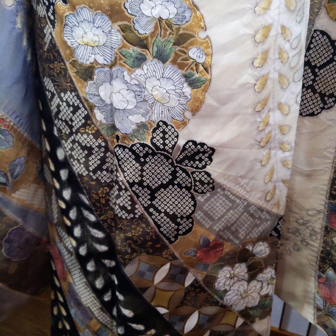 441やまと　金通し　絞り　クリーム灰正絹振袖6点フルセット成人式卒業式謝恩会