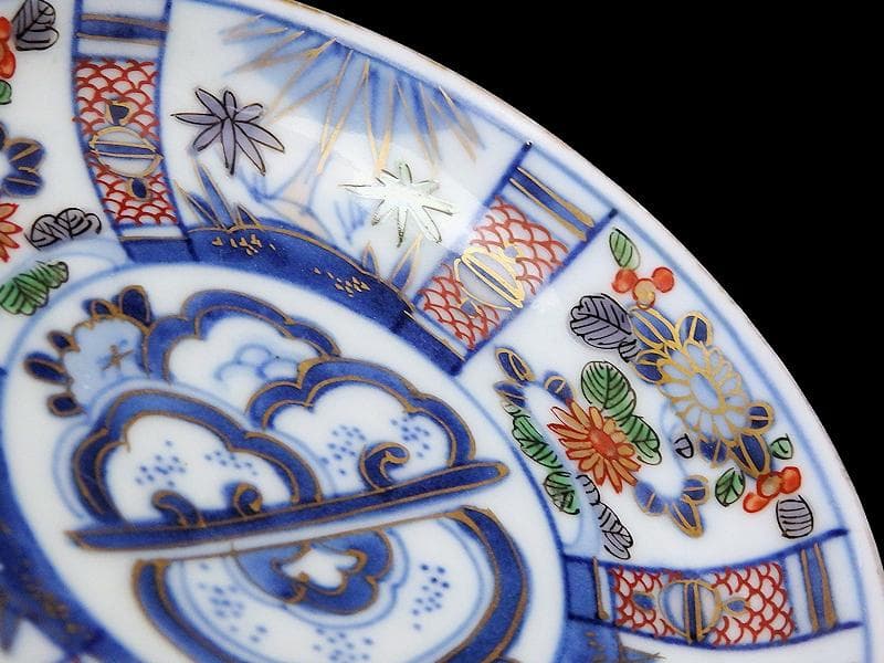 大聖寺伊万里　染錦　割絵　菊に笹の図　４寸皿　５枚　1592AS-DAc