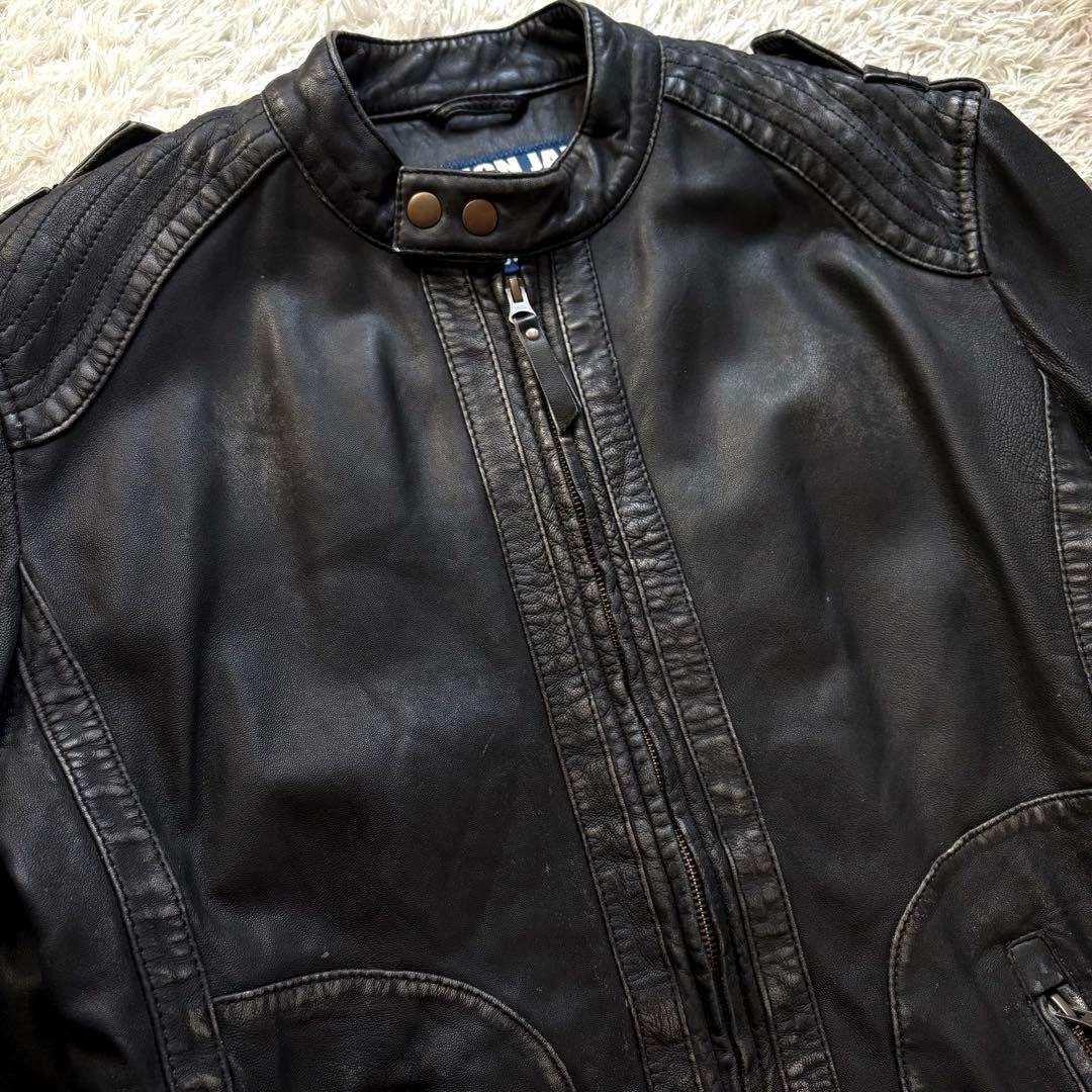 ★羊革 XLサイズ★ UNION JAP ライダースジャケット ダメージ加工 黒