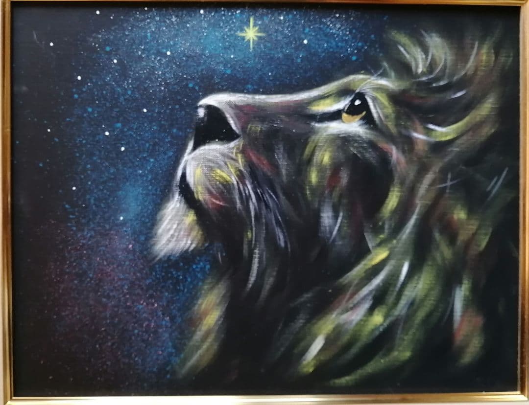 絵画　アクリル絵　キャンバス　額縁 ライオン　原画