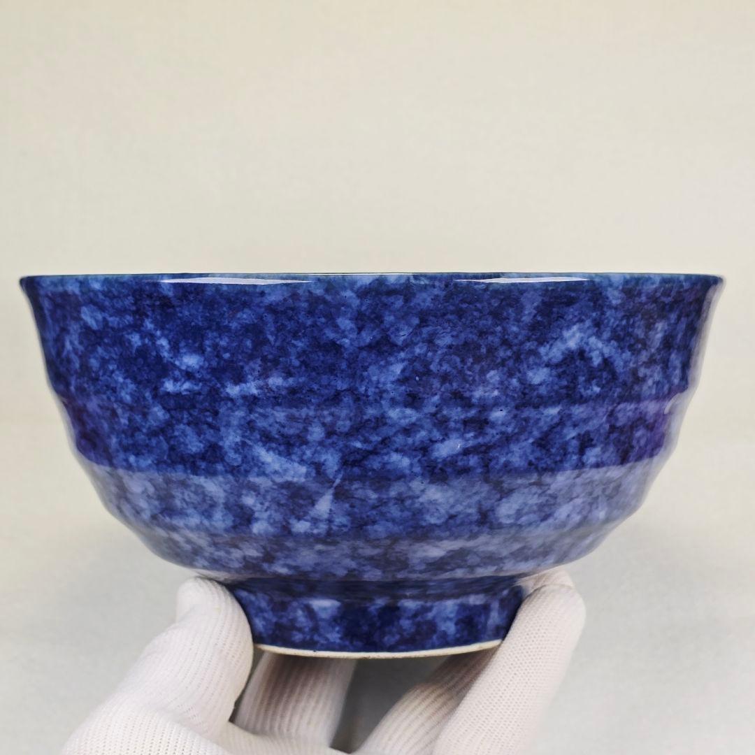 舶来品 中国古磁 雪花藍釉 留白 梅紋 大海碗 大型茶碗 観賞物 置物 在銘