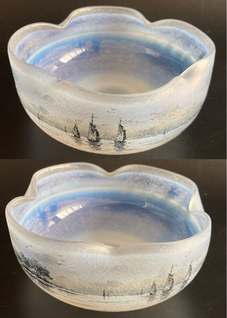ドーム・ナンシー 阿蘭陀湖畔風景文　ボウル　エナメル　グリザイユ　オパールセント