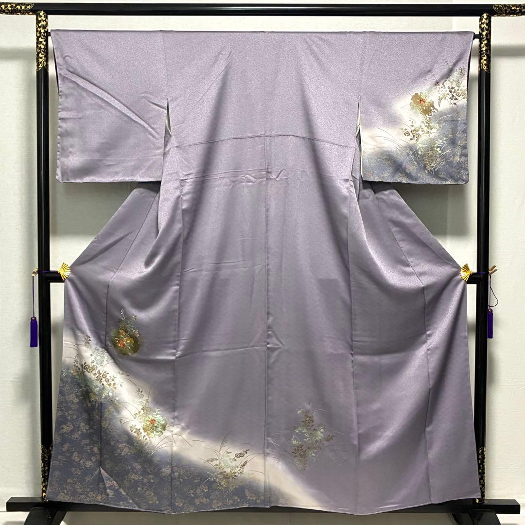D87 訪問着 花刺繍 雪輪 金彩 正絹 着物 袷 しつけ糸付き未使用極美品