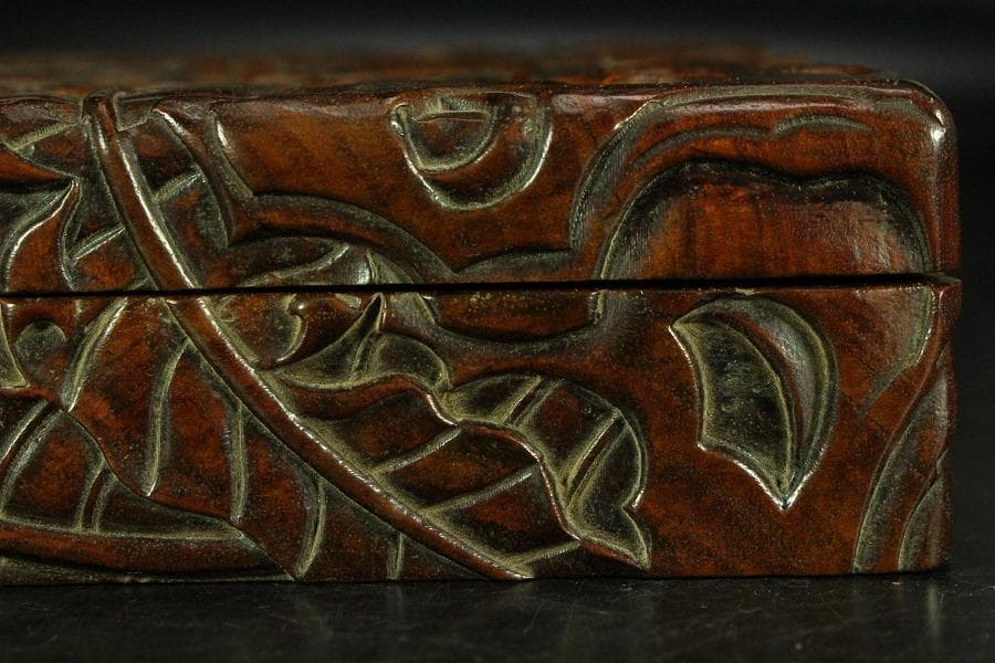 唐木 刻芭蕉 四方箱 旧家蔵出(K-A746)