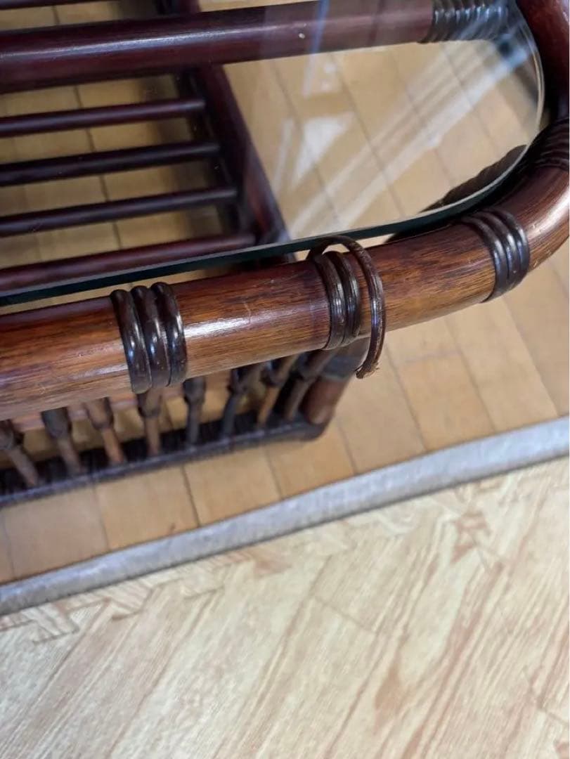 ꧁籐家具꧂アジアン ラタンテーブル ガラス天板座卓 センターテーブル 古家具