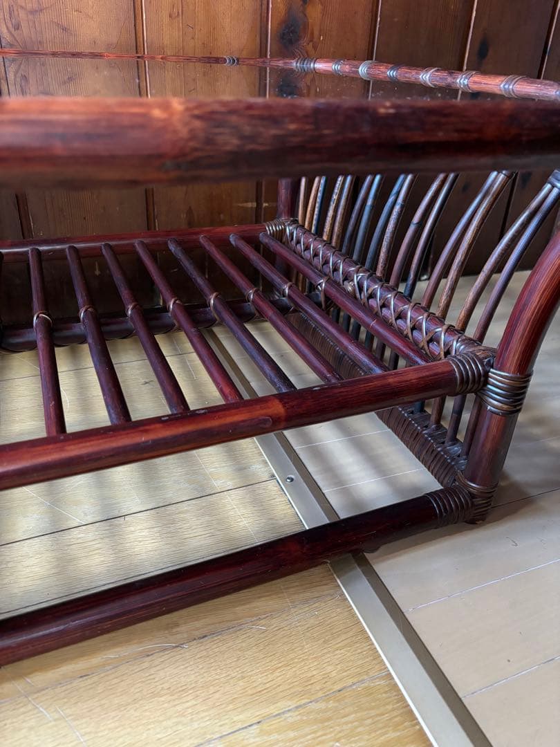 ꧁籐家具꧂アジアン ラタンテーブル ガラス天板座卓 センターテーブル 古家具