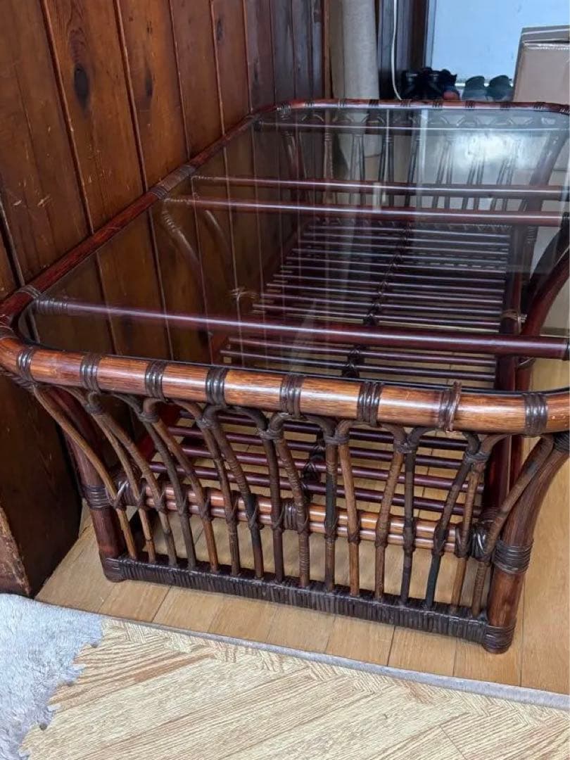 ꧁籐家具꧂アジアン ラタンテーブル ガラス天板座卓 センターテーブル 古家具