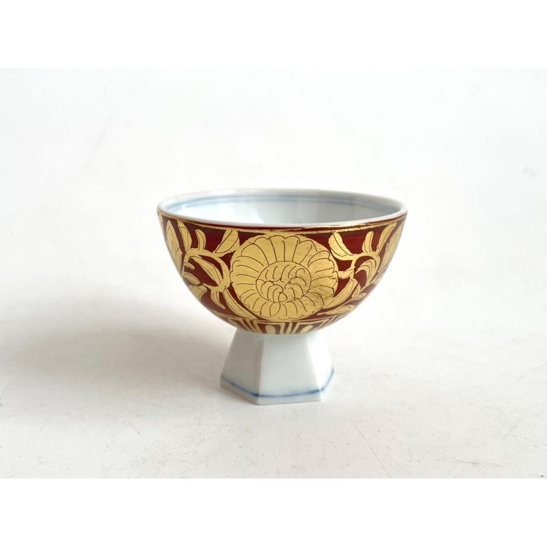 陶芸家　小野珀子　金襴手　酒盃　馬上杯　高脚杯　ぐい呑　酒器　共箱　九谷焼　猪口