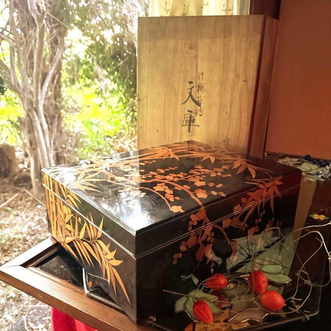 超限定1月21日20時迄‼️JAPAN蒔絵天然木本漆 竹梅蒔絵文箱料紙箱桐箱　1客