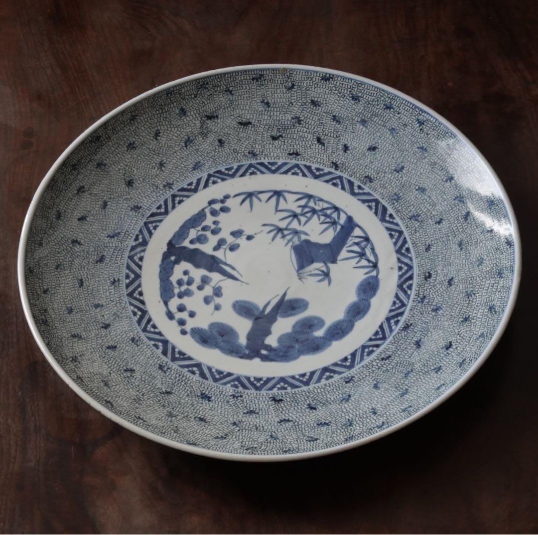 江戸時代　後期　古伊万里　微塵唐草　松竹梅文　大皿　飾皿　額皿　陶額　尺三寸