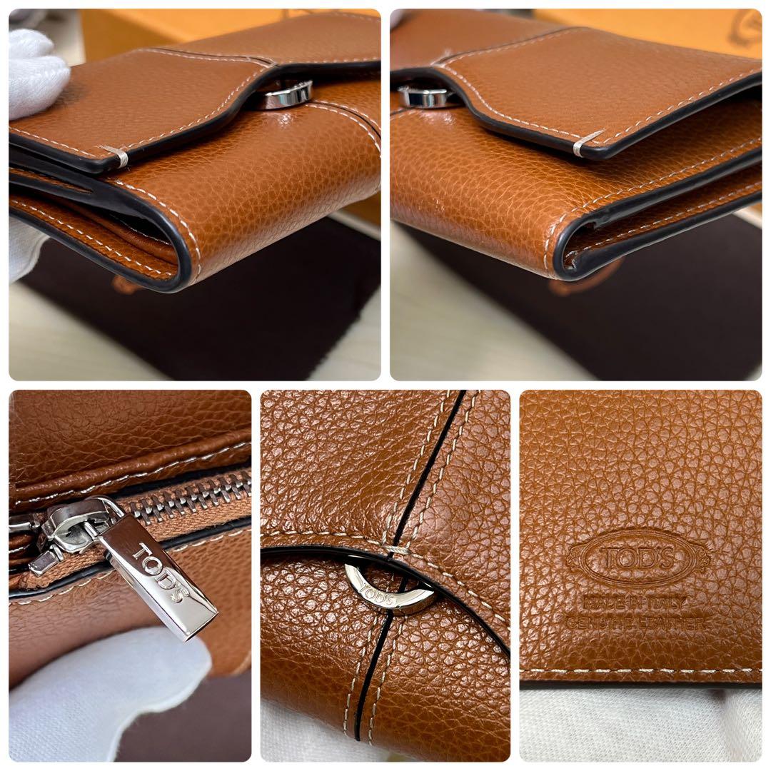 現行品 トッズ レザー 三つ折り財布 フラップメタル ブラウン ウォレット