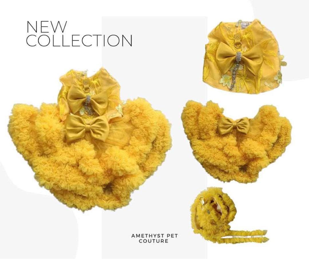 Amethyst Pet Coutureイエローフリルドレス＆ストラップセット