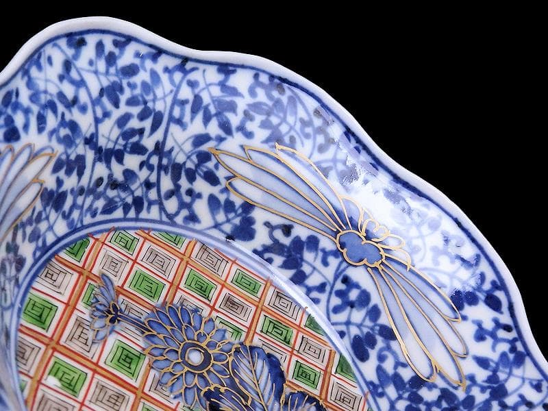 大聖寺伊万里　　微塵唐草に菊の図　小振輪花膾皿　４客　F498AS-fbvi